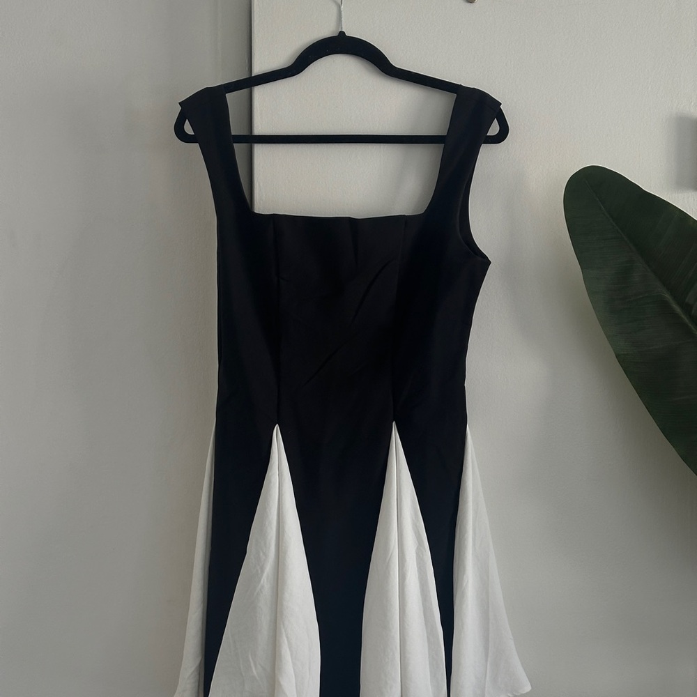 Black and White Fit and Flare Mini Dress with Square Neck